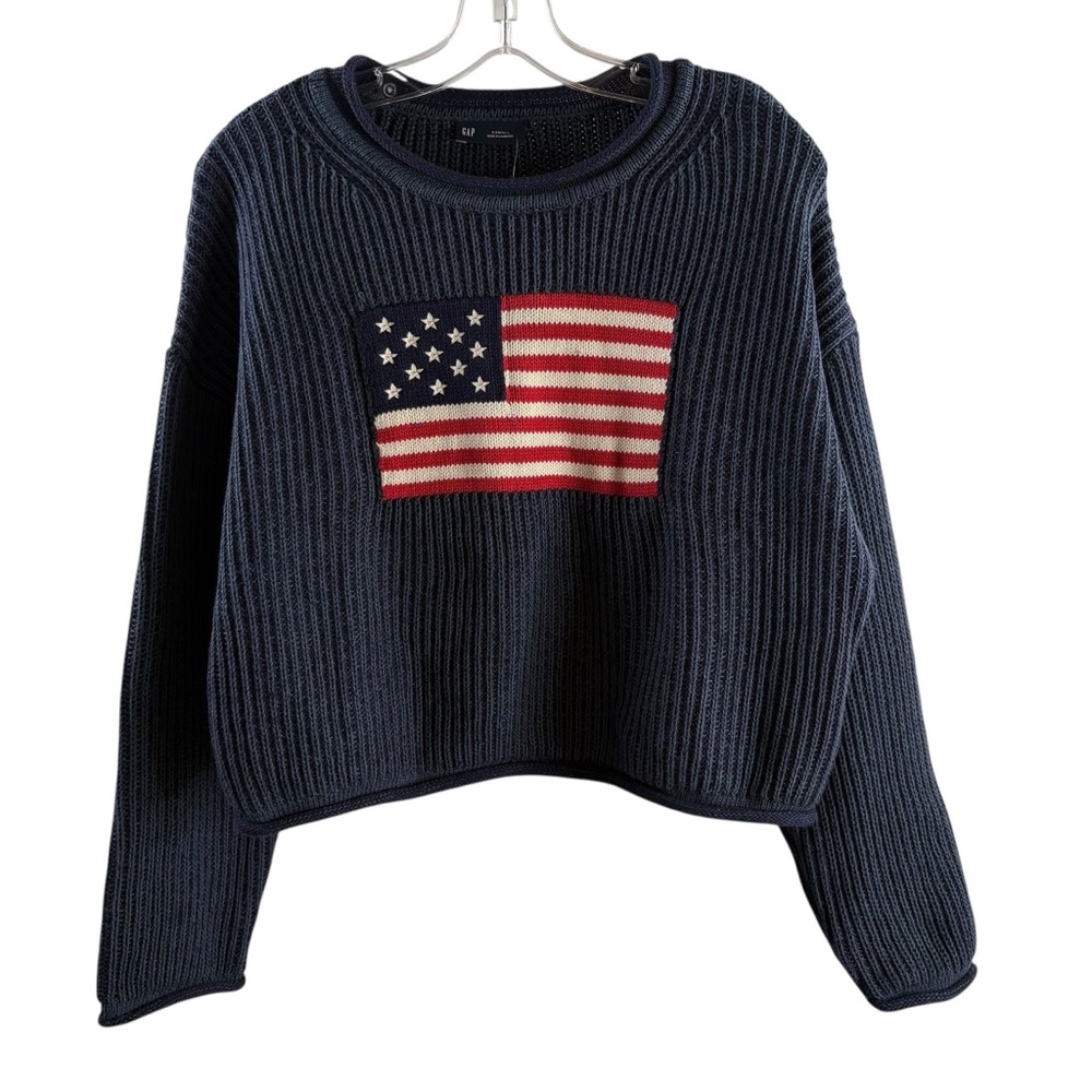 GAP Navy Ribbed Crewneck Sweater with American Flag